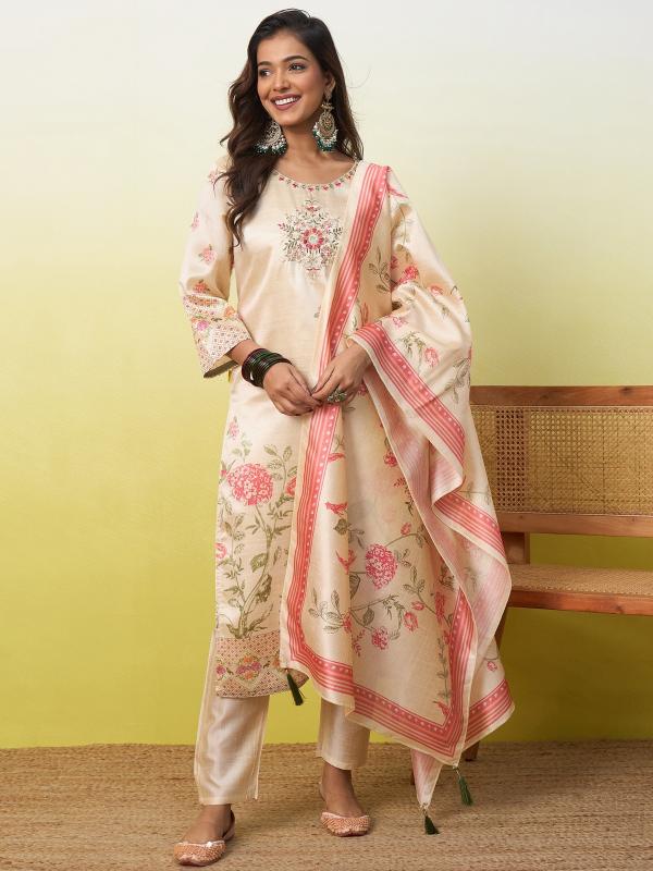 VP 9887 B Women’s Silk Kurta Pent Dupatta Sets with Beads Embroidery | 3pcs Ethnic Set